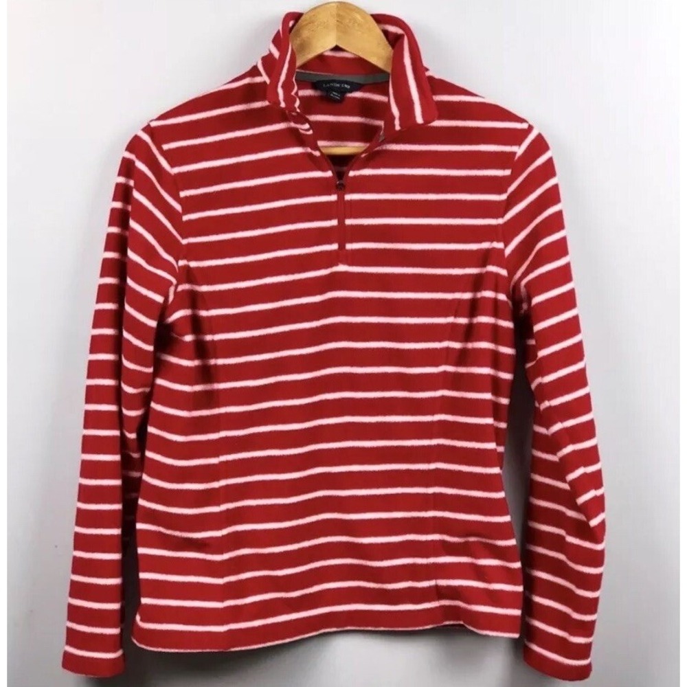 Lands End Women's XS Quarter Zip Pullover Red White Stripe Fleece Casual Sweater